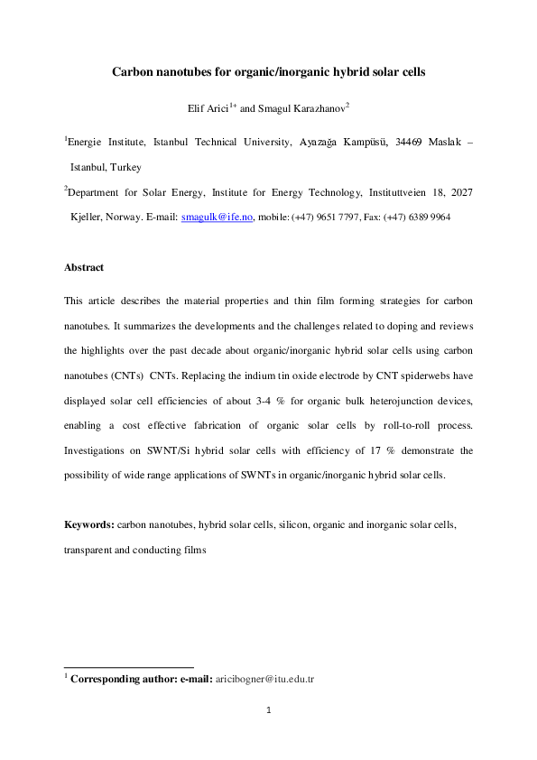 (PDF) Carbon nanotubes for organic/inorganic hybrid solar cells