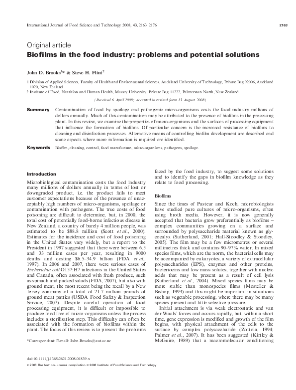 (PDF) Biofilms in the food industry: problems and potential solutions