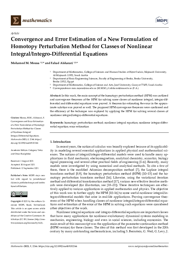 (PDF) Convergence and Error Estimation of a New Formulation of Homotopy ...