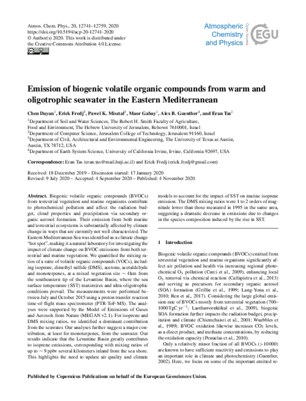 (PDF) Emission of biogenic volatile organic compounds from warm and ...
