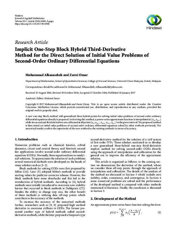 (PDF) Implicit One-Step Block Hybrid Third-Derivative Method for the ...