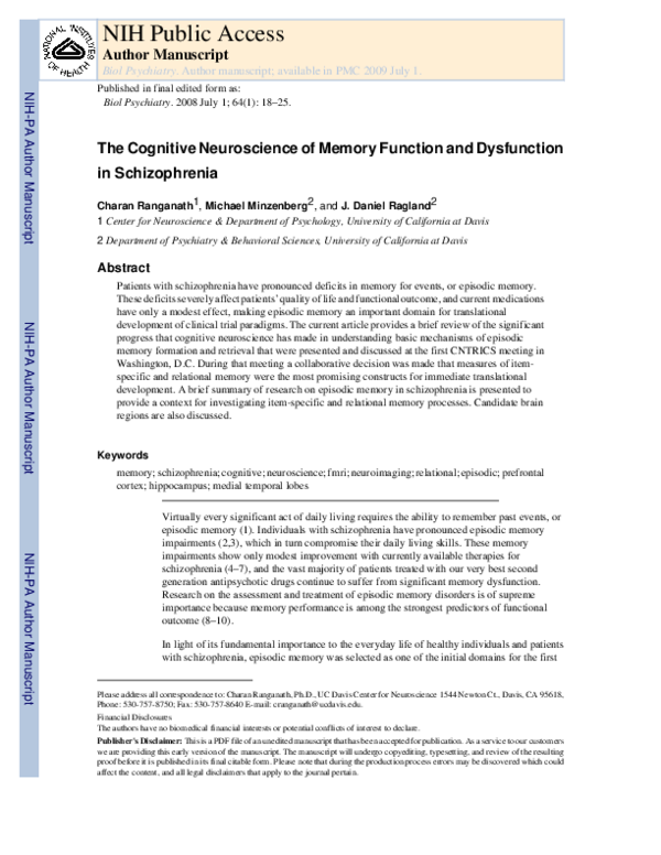 (PDF) The Cognitive Neuroscience of Memory Function and Dysfunction in ...