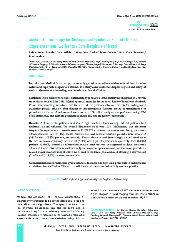 (PDF) Medical Thoracoscopy for Undiagnosed Exudative Pleural Effusion ...