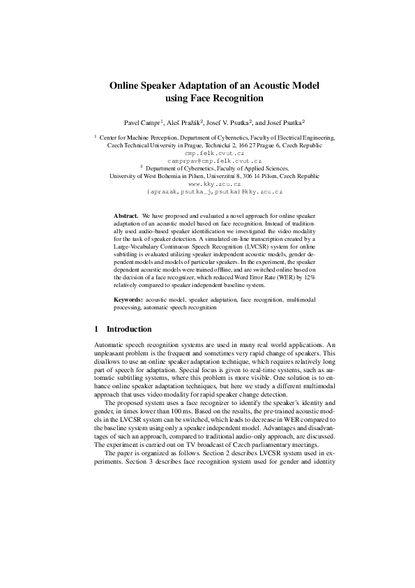 (PDF) Online Speaker Adaptation of an Acoustic Model Using Face Recognition