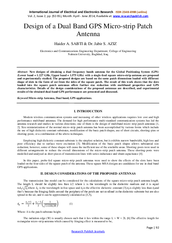 (PDF) Design of a Dual Band GPS Micro-strip Patch Antenna