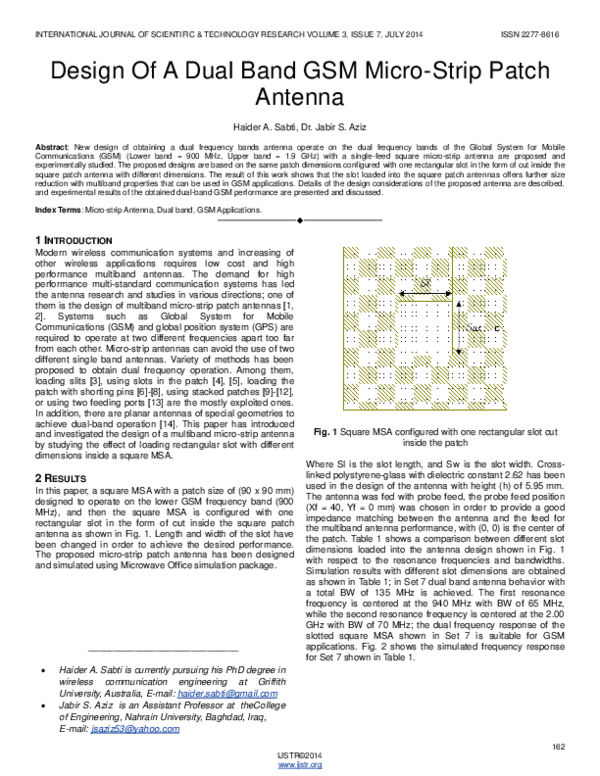 (PDF) Design Of A Dual Band GSM Micro-Strip Patch Antenna