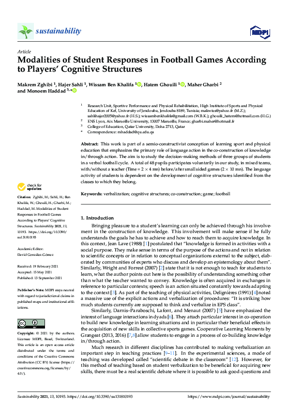 (PDF) Modalities of Student Responses in Football Games According to ...