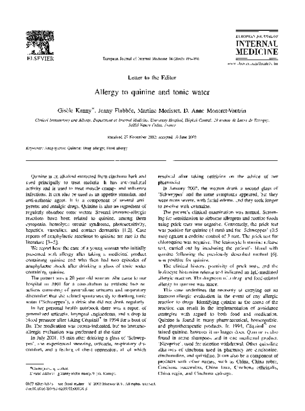 (PDF) Allergy to quinine and tonic water Martine Morisset Academia.edu