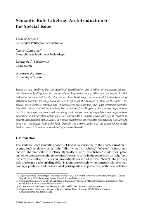 (PDF) Semantic Role Labeling: An Introduction to the Special Issue
