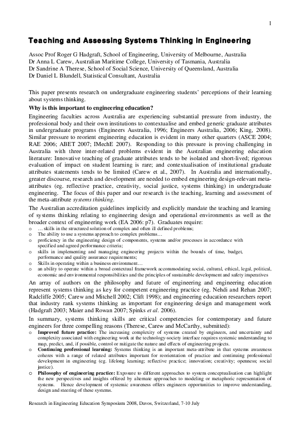 (PDF) Teaching and assessing systems thinking in engineering