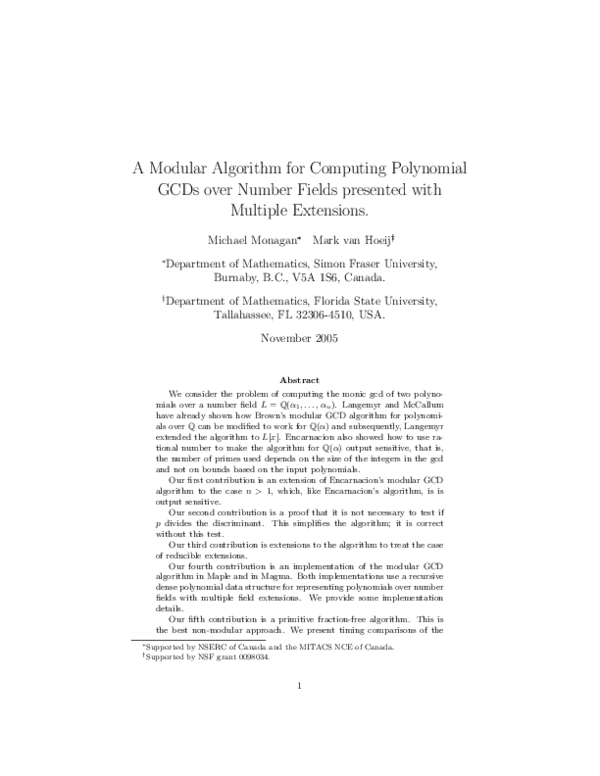 (PDF) A Modular Algorithm for Computing Polynomial GCDs over Number ...