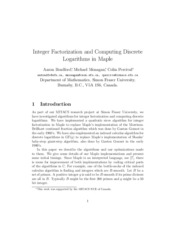 (PDF) Integer Factorization and Computing Discrete Logarithms in Maple