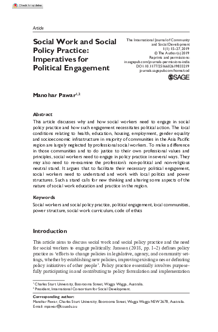 (PDF) Social Work and Social Policy Practice: Imperatives for Political ...