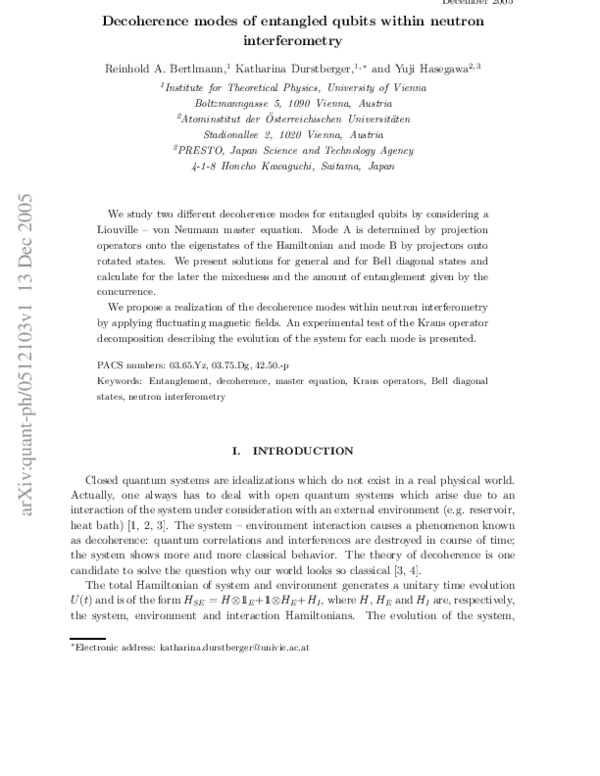 (PDF) Decoherence modes of entangled qubits within neutron interferometry