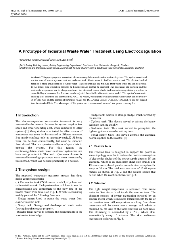 (PDF) A Prototype of Industrial Waste Water Treatment Using Electrocoagulation Phonnipha