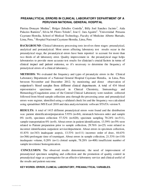 (PDF) Preanalytical Errors in Clinical Laboratory Department of a