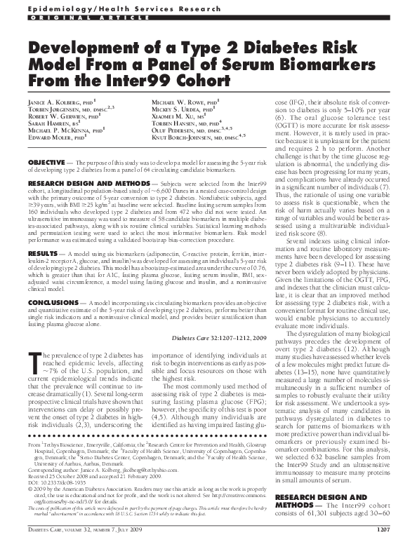 (PDF) Development of a Type 2 Diabetes Risk Model From a Panel of Serum ...