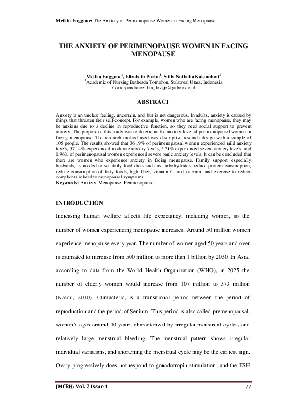(PDF) The Anxiety of Perimenopause Women in Facing Menopause