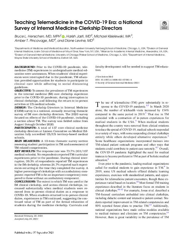 (PDF) Teaching Telemedicine in the COVID-19 Era: a National Survey of ...