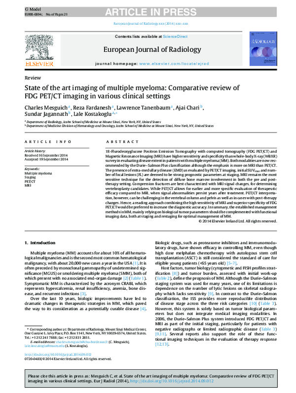 (PDF) State of the art imaging of multiple myeloma: Comparative review ...