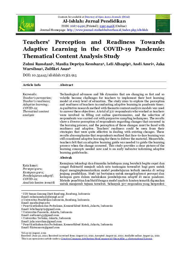 (PDF) Teachers' Perception and Readiness Towards Adaptive Learning in ...