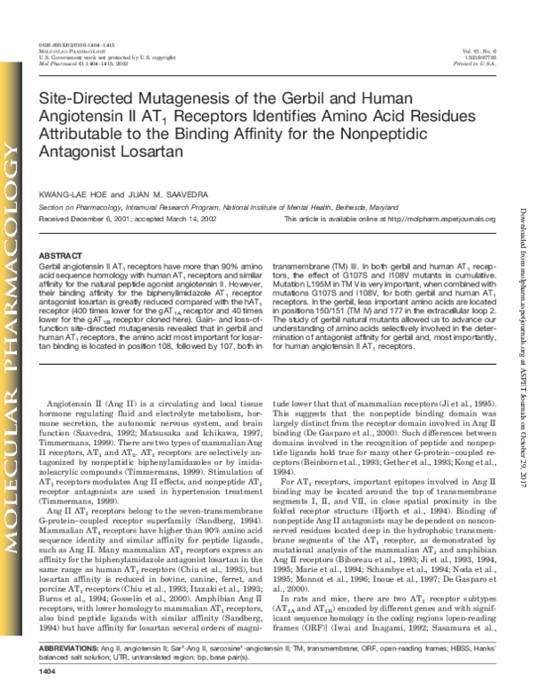 (PDF) Site-Directed Mutagenesis of the Gerbil and Human Angiotensin II ...