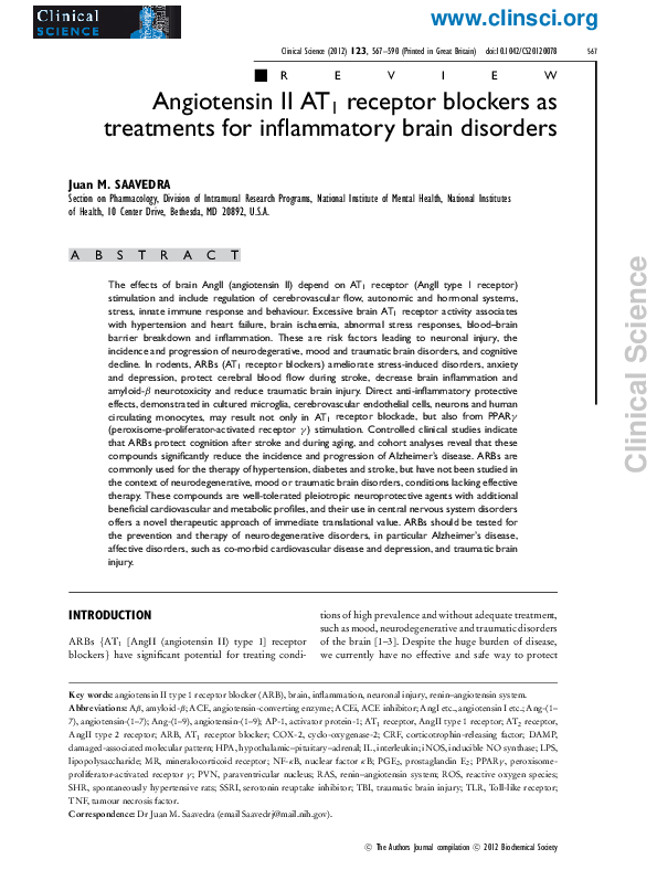 (PDF) Angiotensin II AT1 Receptor Blockade Ameliorates Brain Inflammation