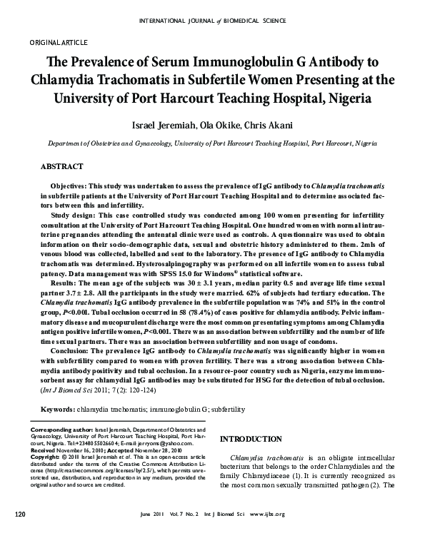 (PDF) The Prevalence of Serum Immunoglobulin G Antibody to Chlamydia ...