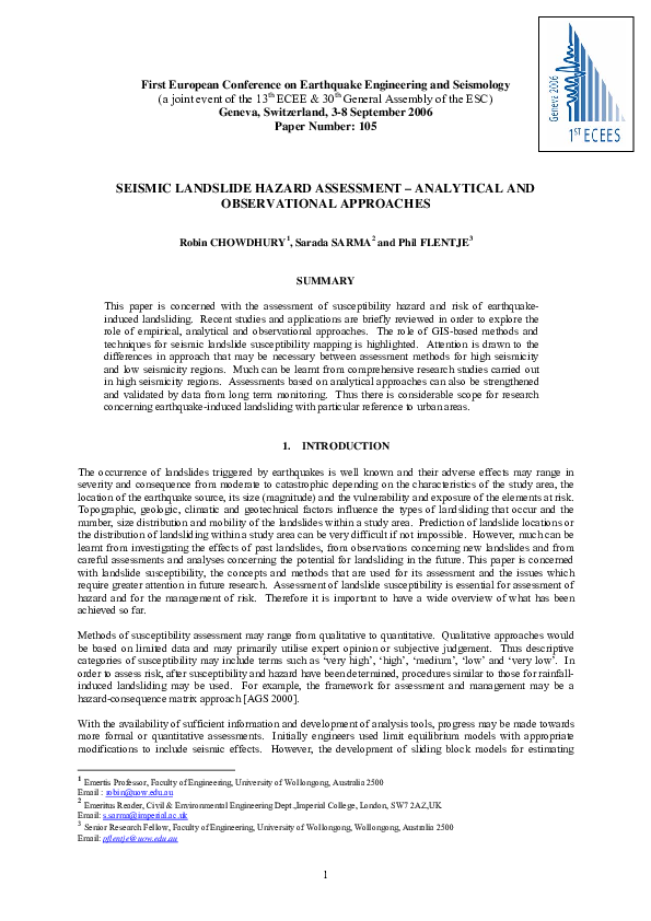 (PDF) Seismic Landslide Hazard Assessment – Analytical and ...