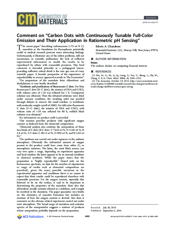 (PDF) Comment on “Carbon Dots with Continuously Tunable Full-Color ...
