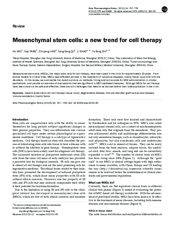 (PDF) Mesenchymal stem cells: a new trend for cell therapy