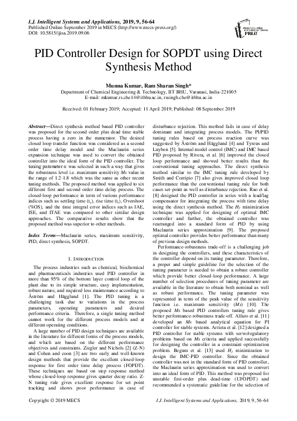 (PDF) PID Controller Design for SOPDT using Direct Synthesis Method
