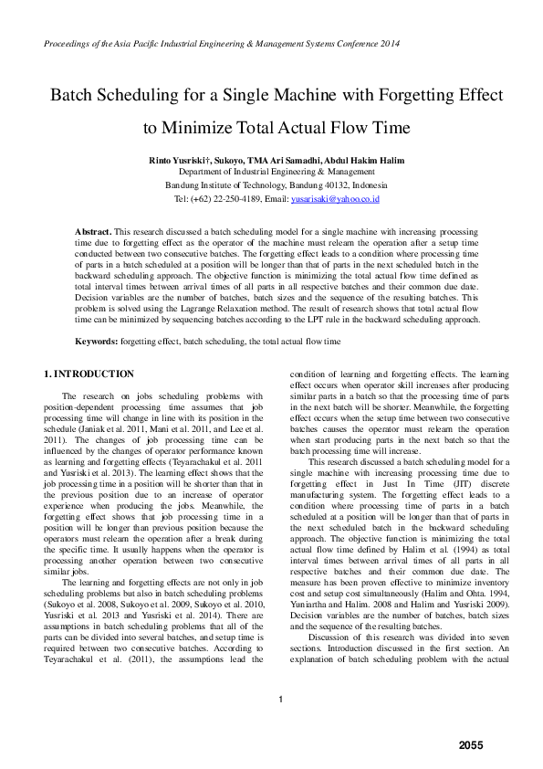 (PDF) Batch Scheduling for a Single Machine with Forgetting Effect to ...