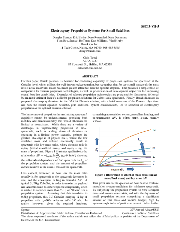(PDF) Electrospray Propulsion Systems for Small Satellites and Satlets