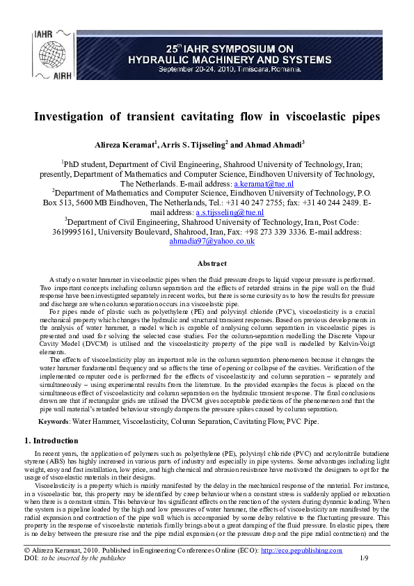 (PDF) Investigation of transient cavitating flow in viscoelastic pipes