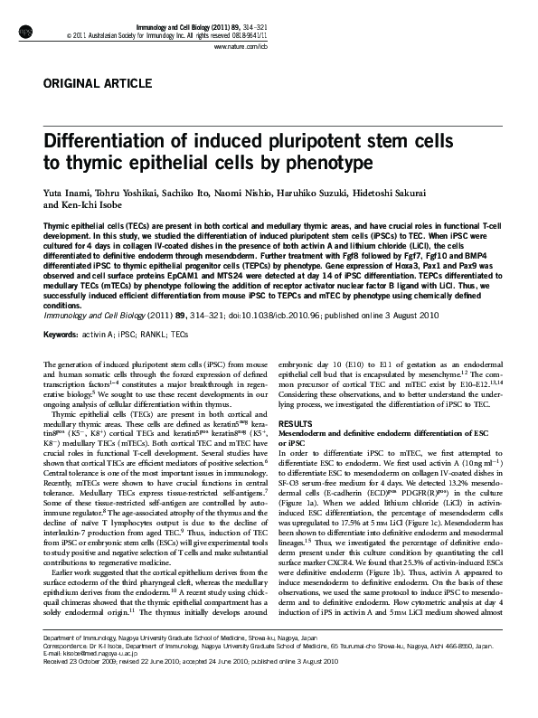 (PDF) Differentiation of induced pluripotent stem cells to thymic ...