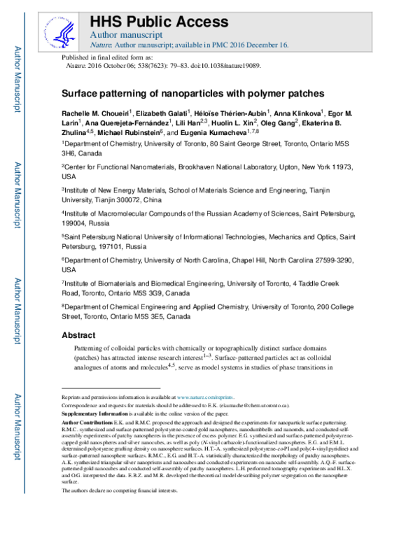 (PDF) Surface patterning of nanoparticles with polymer patches