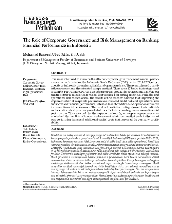 (PDF) The Role of Corporate Governance and Risk Management on Banking ...