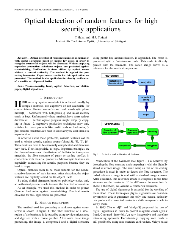 (PDF) Optical detection of random features for high security applications
