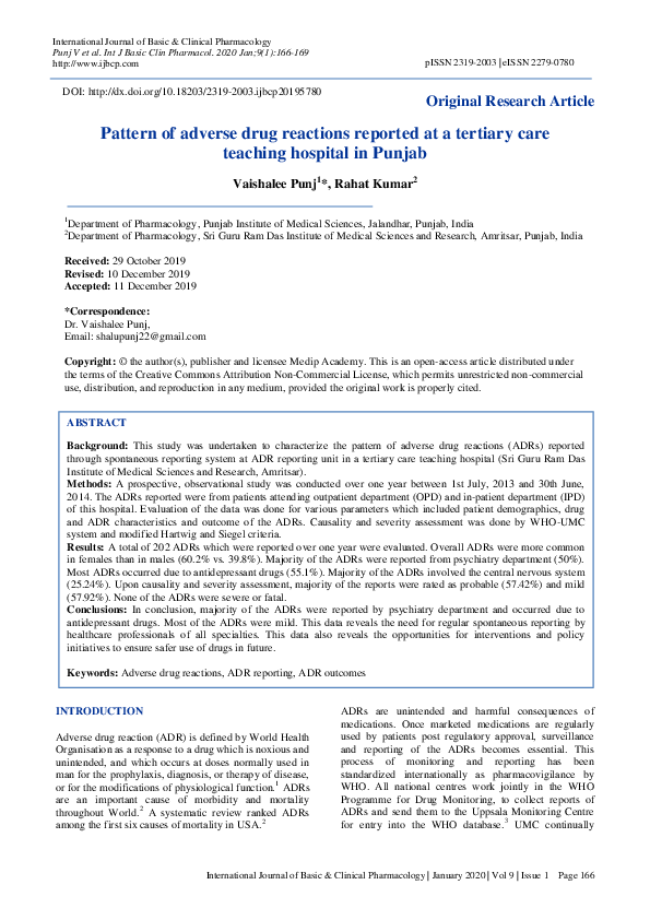 (PDF) Pattern of adverse drug reactions reported at a tertiary care ...