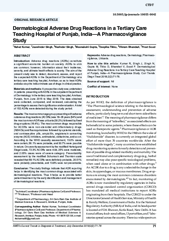 (PDF) Dermatological Adverse Drug Reactions in a Tertiary Care Teaching ...