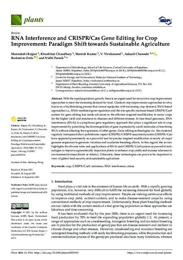 (PDF) RNA Interference and CRISPR/Cas Gene Editing for Crop Improvement ...