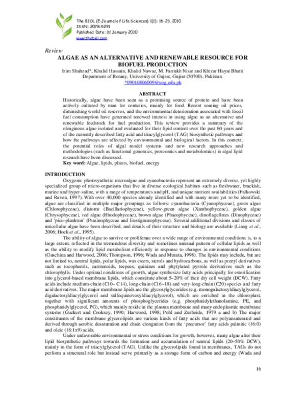(PDF) Algae as an alternative and renewable resource for biofuel production