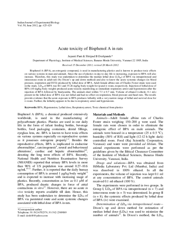 (PDF) Acute toxicity of bisphenol A in rats