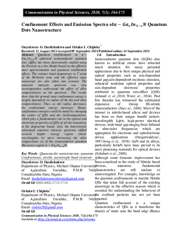 (PDF) Confinement Effects and Emission Spectra of − Quantum Dots ...