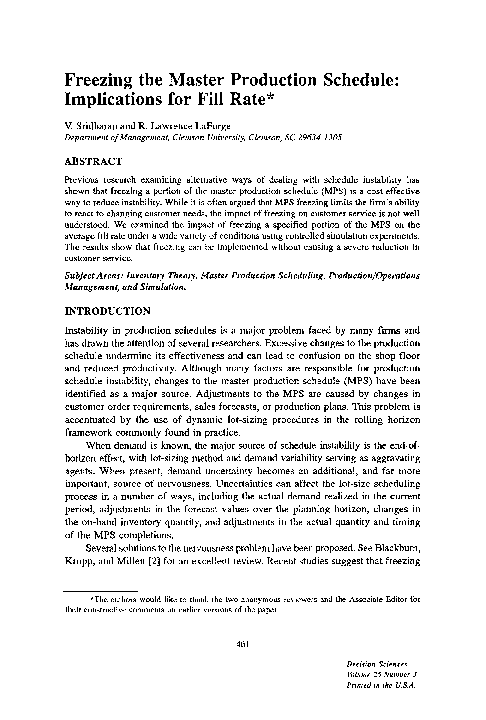 (PDF) Freezing the Master Production Schedule: Implications for Fill Rate