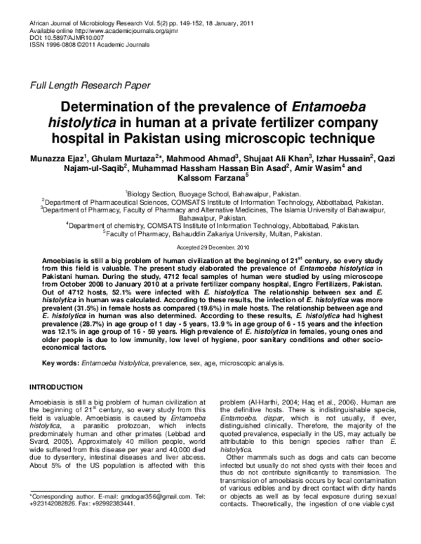 (PDF) Determination of the prevalence of Entamoeba histolytica and E ...
