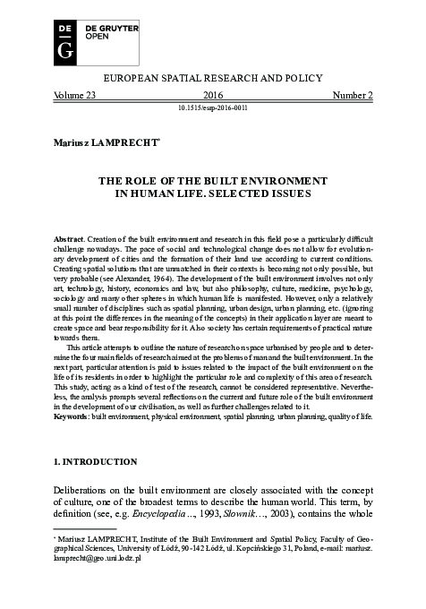 (PDF) The Role of the Built Environment in Human Life. Selected Issues