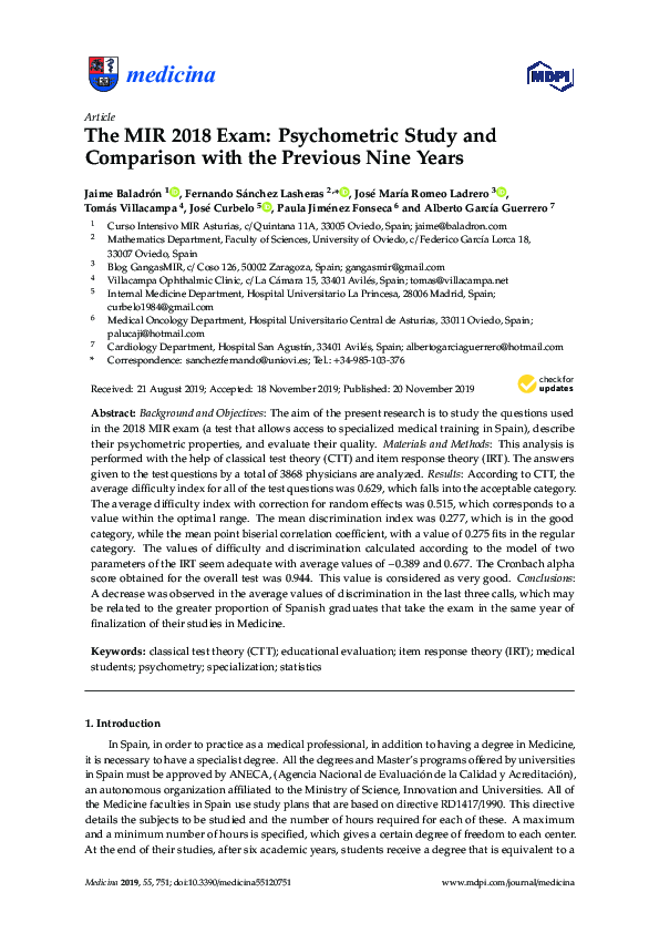 (PDF) The MIR 2018 Exam: Psychometric Study and Comparison with the ...