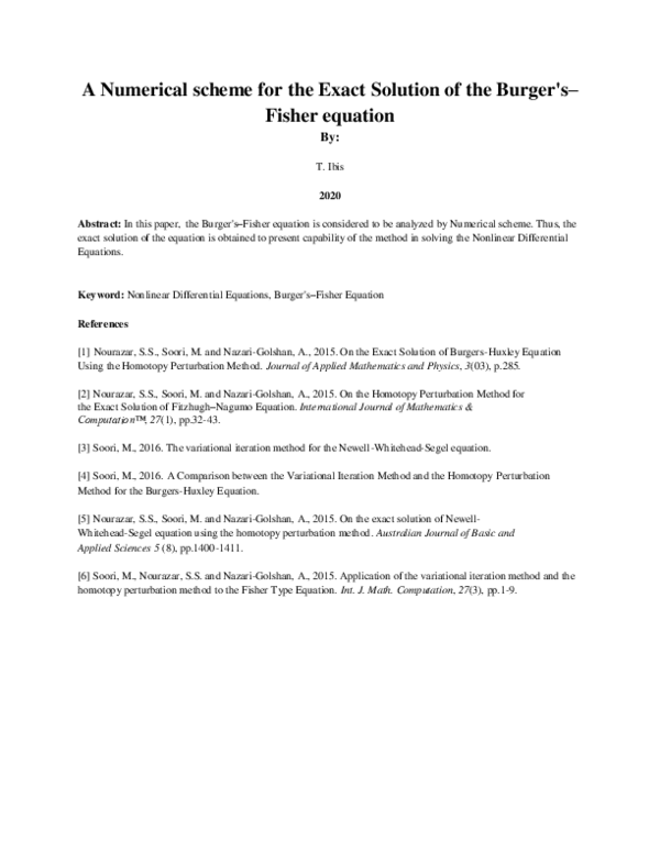 (PDF) A Numerical scheme for the Exact Solution of the Burger's-Fisher ...